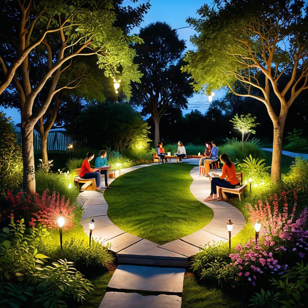 A serene setting featuring a diverse group of individuals engaged in open conversations about sexual health, surrounded by nature to symbolize personal growth. Incorporate a pathway leading towards a bright horizon, adorned with symbols of connection like hearts and hands. Include elements representing knowledge, such as books and light bulbs floating around. The scene should evoke positivity and inclusiveness. vibrant colors. soft focus.