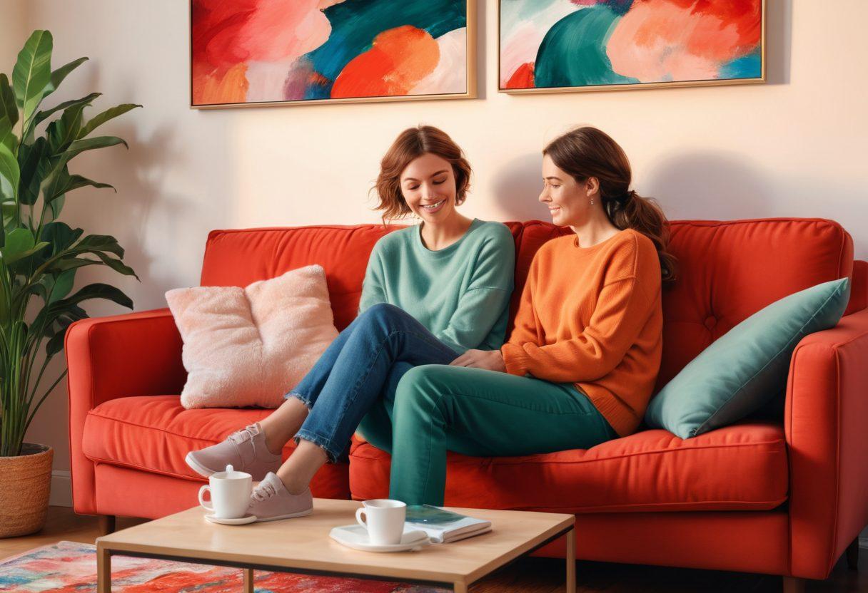 A warm and inviting scene featuring two people engaged in a deep conversation, surrounded by soft, comfortable furnishings. The background should include abstract art symbolizing growth and connection, with vibrant colors that convey intimacy. Add subtle light illuminating their faces, enhancing the emotional connection. The focus should encapsulate trust and confidence in relationships. soft illustration. vibrant colors. cozy atmosphere.